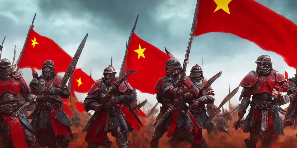 Image similar to mid shot cinematic artwork of a small group of rag tag warriors surrounded by an ancient Chinese army wearing red armor and holding red flags on the battlefield by greg rutowski, masterpiece, 4k
