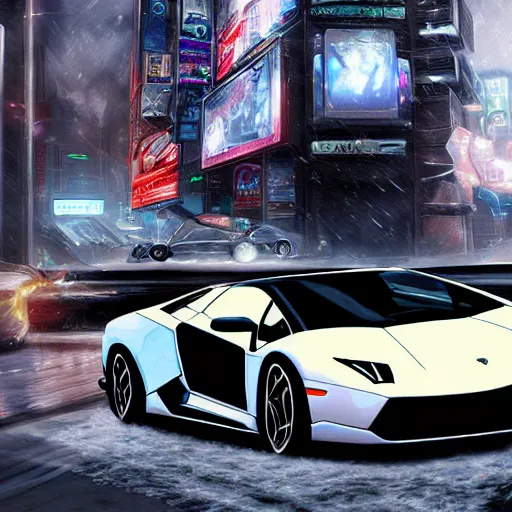 Prompt: Snow White wearing flip flops driving a lamborghini in heaven, Cyberpunk digital art