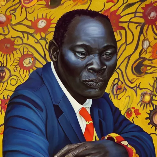 Image similar to a painting of a fatherly wide forehead, round face, XXL , loving, caring, generous, ever-present, humble, wise elder from Kenya in a suit by Wangechi Mutu . Fatherly/daddy, focused, loving, leader, relaxed, ethereal blue heavenly lights, details from behind, smooth, sharp focus, illustration, realistic, cinematic, artstation, award winning, rgb , unreal engine, octane render, cinematic light, macro, depth of field, blur, red light and clouds from the back, highly detailed epic cinematic concept art CG render made in Maya, Blender and Photoshop, octane render, excellent composition, dynamic dramatic cinematic lighting, aesthetic, very inspirational, arthouse.