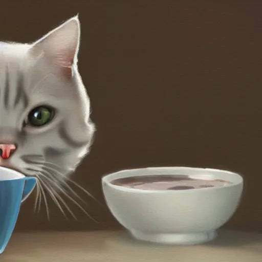 Prompt: cat drinking milk from a bowl, background image, artstation