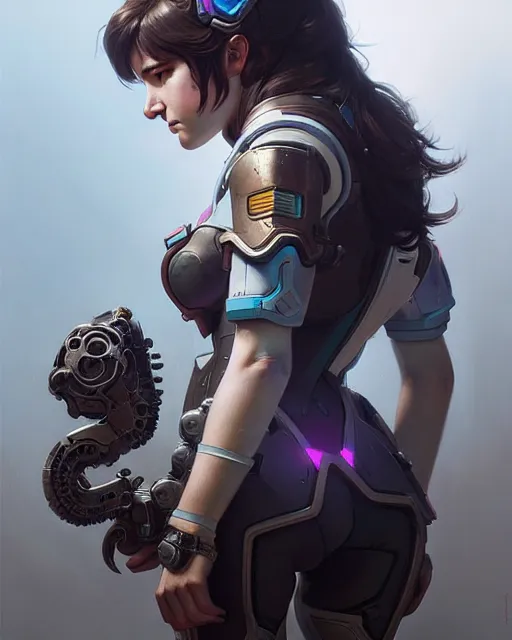 Image similar to d. va from overwatch, character portrait, concept art, intricate details, highly detailed by greg rutkowski, michael whelan and gustave dore