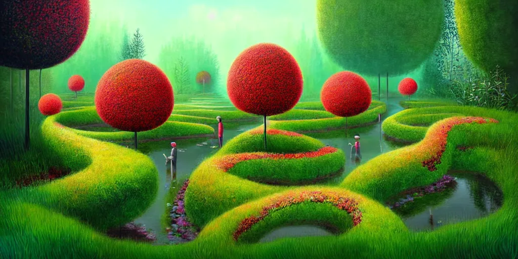 Image similar to Beautiful artwork garden of the future, overgrown with fir trees and plants, hedges, Topiary plants, Nice colour scheme, warm colour. Beautiful artistic digital artwork by artist Lurid. (2022), Gediminas Pranckevicius