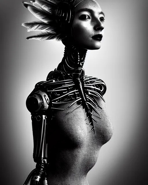 Image similar to surreal mythical dreamy dark artistic black and white fine art 3 / 4 portrait photo of a young delicate female robot - vegetal - human with long pale feathers, rim light, cinematic, studio dramatic light, poetic, octane render, 8 k, photo - realistic