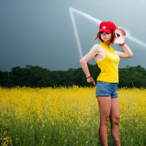 Image similar to misty from pokemon, wearing a yellow crop top and blue denim shorts with red suspenders on top, standing in a field, by gottfried helnwein, dslr full body portrait, sigma 8 5 mm f / 1. 8