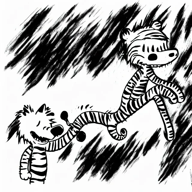 Image similar to epic professional digital Calvin and Hobbes ink drawing drawn by H.R. Giger, best on artstation, breathtaking, epic, stunning, gorgeous, much detail, much wow, cgsociety, wlop, pixiv, behance, deviantart, masterpiece