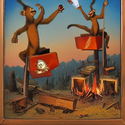 Image similar to [two anthropomorphic monkeys throwing books in a bonfire, behind them rockets are taking off. Matte painting, intricate, art by Gennady Mikhailovich Zykov]