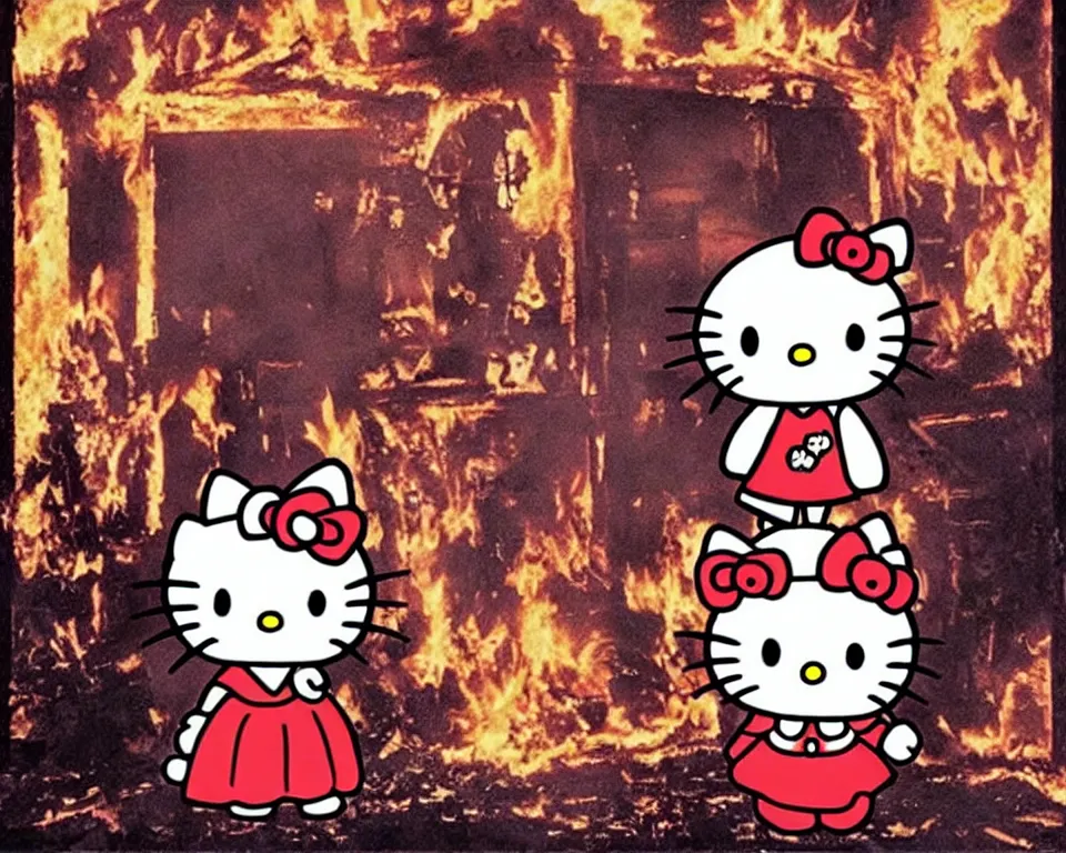 Image similar to a horror movie poster featuring Hello Kitty inside a burning house
