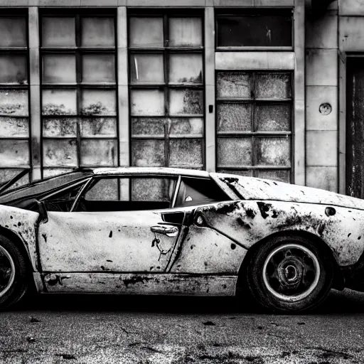 Image similar to black and white press photograph of a rusted abandoned lamborghini on a busy city street, sideview, detailed, natural light, mist, film grain, soft vignette, sigma 5 0 mm f / 1. 4 1 / 1 0 sec shutter, imax 7 0 mm footage