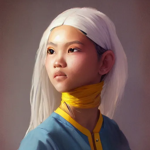 Prompt: filipino girl with blue - yellow hair and a nose band aid, highly detailed, digital painting, artstation, concept art, smooth, sharp focus, illustration, art by artgerm and greg rutkowski and alphonse mucha