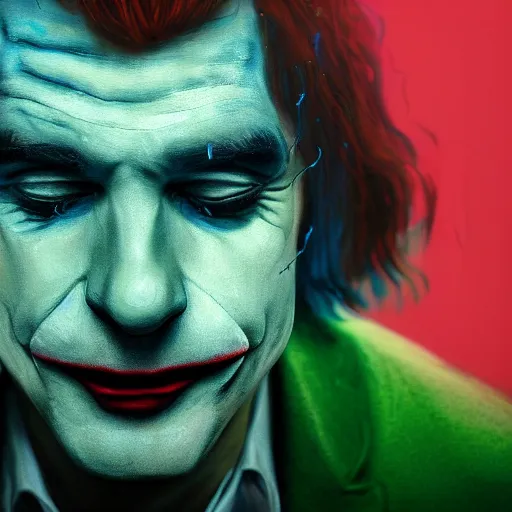 Prompt: cinematic portrait of steve from blue's clues as the joker, perfect face, neon rain, moody, elegant, by alyssa monks, highly detailed, symmetrical face, fine details, masterpiece, trending on artstation