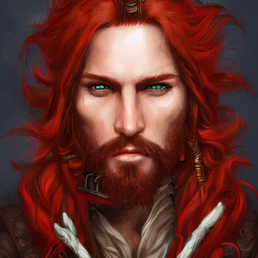 Image similar to rugged playful pirate, 3 0 years old, male, handsome, masculine, red hair, long hair, soft hair, fantasy, intricate, elegant, highly detailed, steampunk, airship, digital painting, artstation, concept art, character art, smooth, sharp focus, illustration, art by artgerm