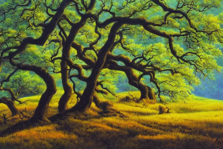 Prompt: masterpiece painting of oak trees on a hillside overlooking a creek, dramatic lighting, by kelly freas