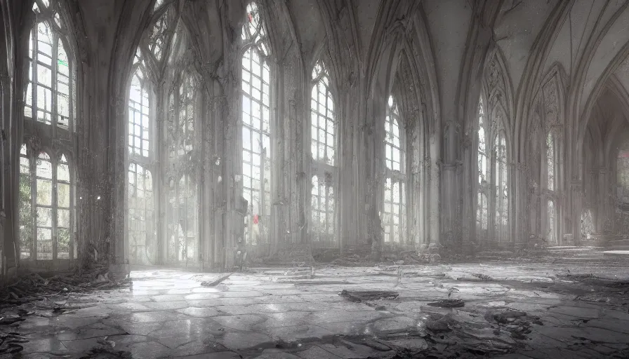 Prompt: abandoned white marble church, wet dirty floor, dusty place, cobwebs, sunlight through stained glasses, hyperdetailed, artstation, cgsociety, 8 k