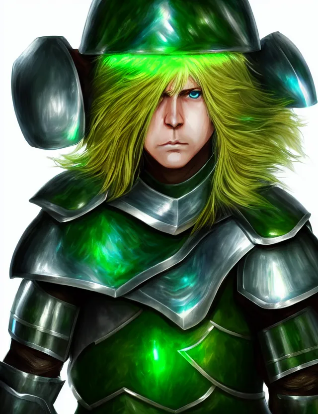 Prompt: an excellent upper body anime portrait of a long haired blonde man with blue eyes in green plate armour glowing with green energy, trending on artstation, digital art, 4 k resolution, detailed, high quality, sharp focus, hq artwork, coherent, insane detail