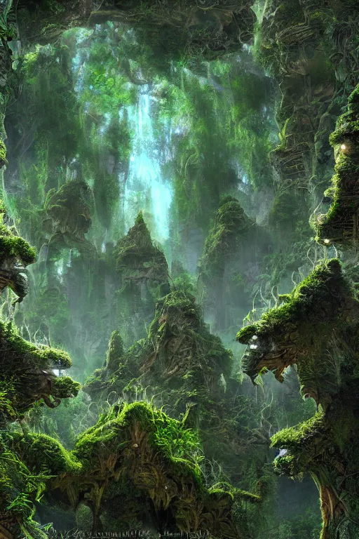 Image similar to ancient fractal temple deep in the future - megastructure in the hanging gardens of a radiant forest jungle, overgrown garden, scanned earth terrain fractal bridges, highly detailed erosion algorithm landscape, by albert bierdstat, by glenn small, high resolution, 8 k photorealism, populated by luminous beings, god rays in volumes of fog, looking up perspective