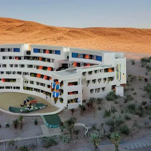 Image similar to baby toy style hotel in the dessert, big scale