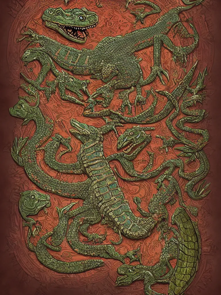 Image similar to aztec book decorative border frame, crocodile reptilian motifs, d & d, fantasy, intricate, elegant, highly detailed, digital painting, artstation, illustration, hearthstone