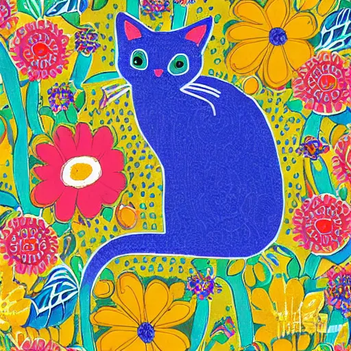 Image similar to colorful detailed patterned cat sitting in a flower garden by laurel burch