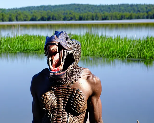 Image similar to wise zulu elder alligator guy has a sharp line of teeth. my teeth are sharp. there is a lake in the foreground with water reflections.