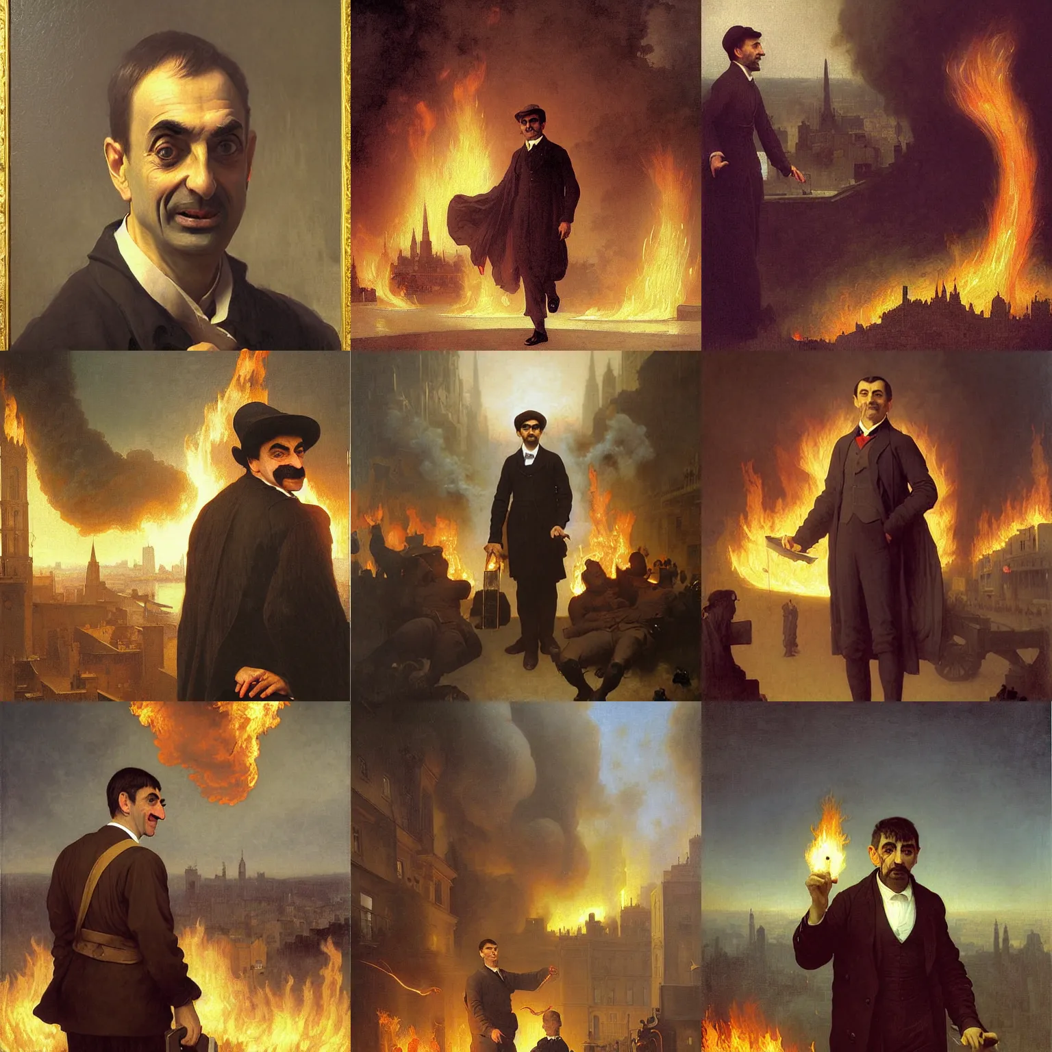 Prompt: portrait of mister bean!!!!!!!!!!!!!!!!, detailed painting, city background on fire, epic scene, epic lighting, by bouguereau - h 8 9 6