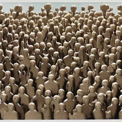 Prompt: photo, a giant crowd of claymation men by ray harryhausen made of silvery reflective glittery clay, inside a 1990's mcdonald's playplace