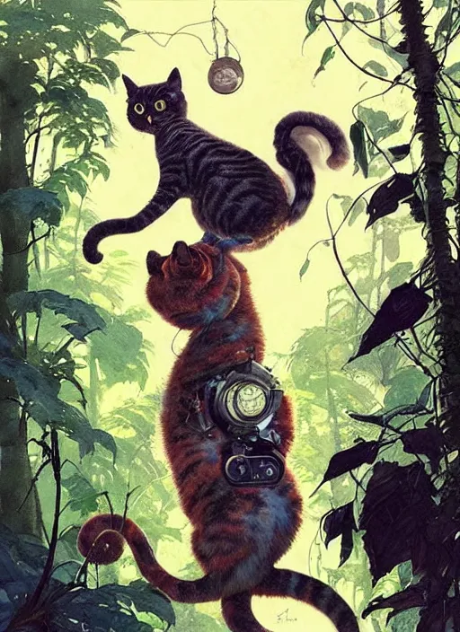 Image similar to a hyper realistic ink cat alien technology and sunbeams blue sky, lush forest foliage painting by chiara bautista and norman rockwell and greg rutkowski weta studio, and lucasfilm