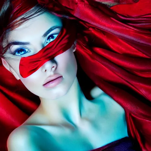 Image similar to beautiful portrait of fashion model in red silk underwater