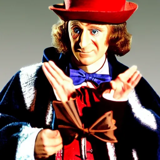 Image similar to willy wonka wearing a dark hooded cloak