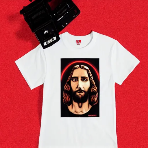 Image similar to a photo of a supreme t - shirt with an image of jesus on it, 4 k, highly detailed