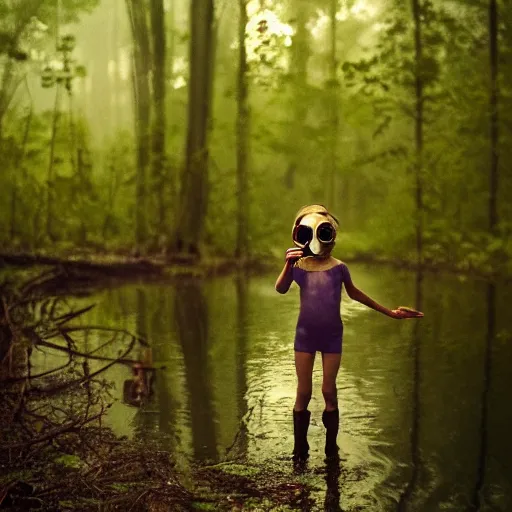 Image similar to thin little girl in a swamp wearing old gas mask. Water to her knees. Bayou. Dark Green forest. Foggy. Fireflies fly around