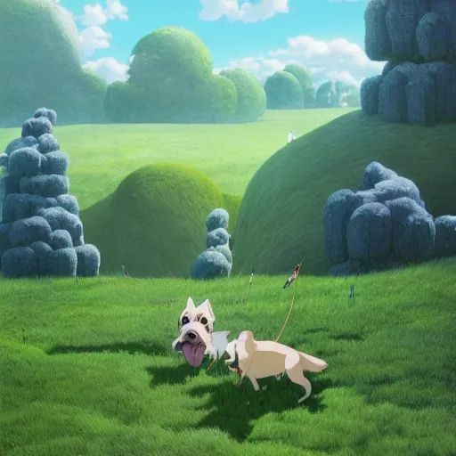 Prompt: [ 4 ] dogs on green landscape by hayao miyazaki, studio ghibli and gediminas pranckevicius, very high detail
