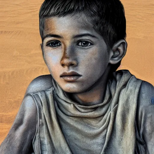 Image similar to a detailed portrait of a boy in the desert, art illustration, incredibly highly detailed and realistic, 8 k, sharp focus