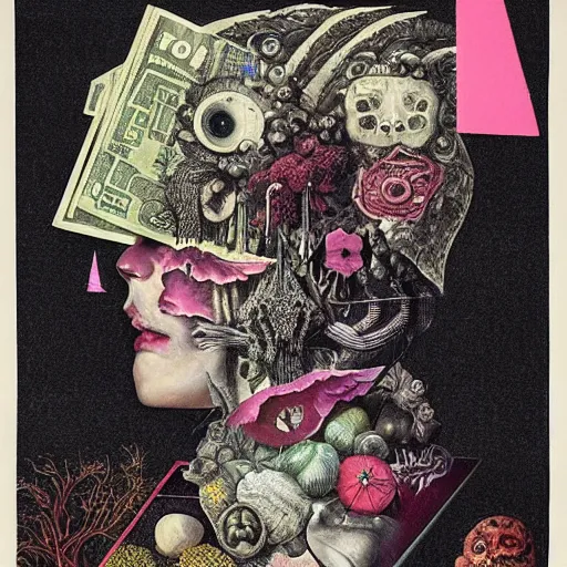 Image similar to post - punk new age album cover, asymmetrical design, dollar bank notes, capitalism, magic, apocalypse, psychedelic, black white pink, magic, giger h. r., giuseppe arcimboldo