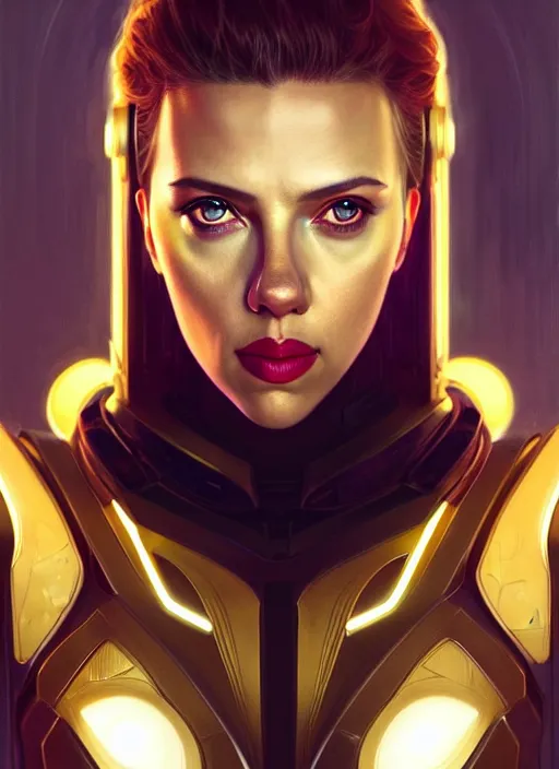 Image similar to symmetry!! portrait of scarlett johansson, gold sci - fi armour, tech wear, glowing lights!! sci - fi, intricate, elegant, highly detailed, digital painting, artstation, concept art, smooth, sharp focus, illustration, art by artgerm and greg rutkowski and alphonse mucha