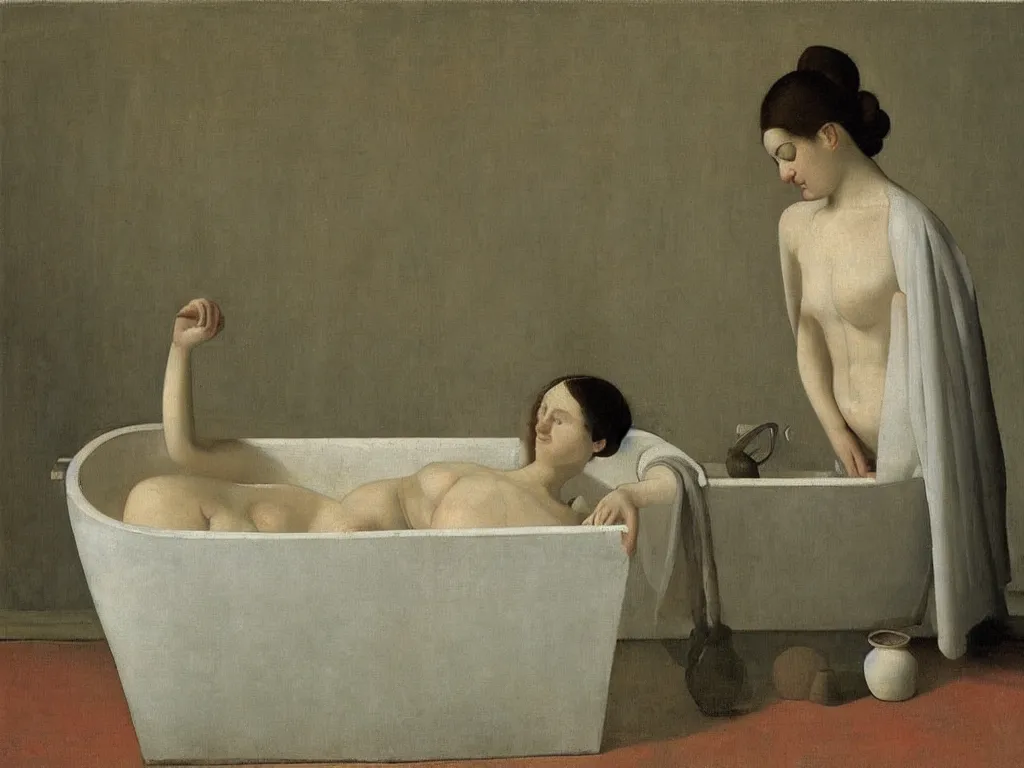 Image similar to Portrait of a woman in the bathtub with amphora, white cloth and crane. White Opal, marble, terracotta. Painting by Balthus, Hammershoi, Morandi