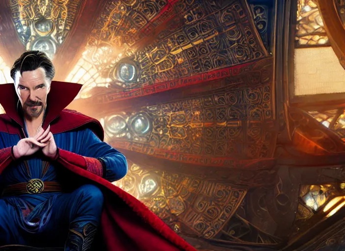 Prompt: film still of dr strange played by benedict cumberbatch sitting on santas chair in the new dr strange movie, 4 k