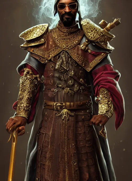 Image similar to snoop dogg as a mage, short beard, grumpy, plate armor, Ivan Aivakovsky, Boris Vallejo, epic fantasy character art, D&D Concept Art, full length, ultra Realistic, Regal, Refined, Detailed Digital Art, Exquisite detail, post-processing, masterpiece, Cinematic Lighting, Unreal Engine, 8k, HD,