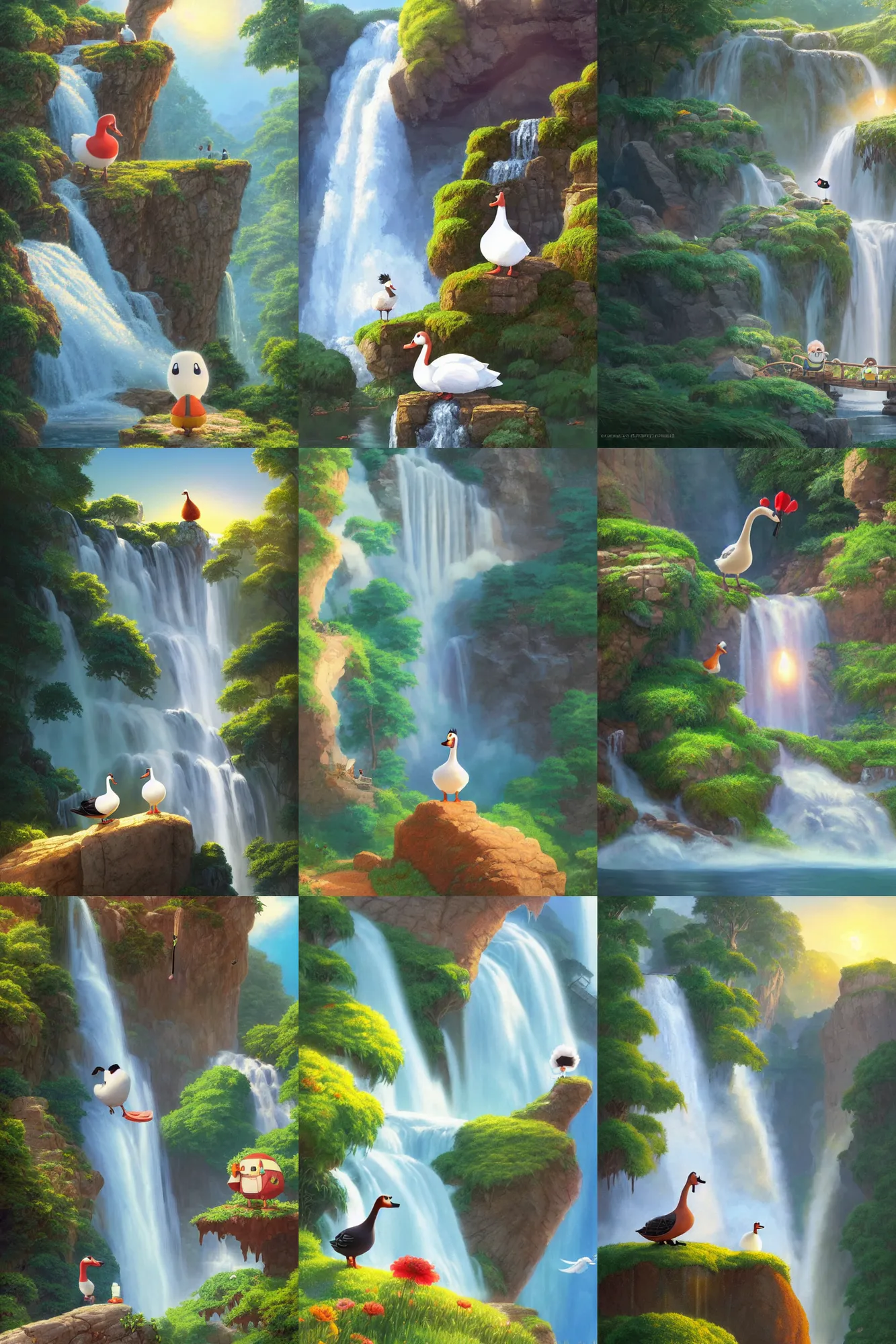 Prompt: a wholesome cottagecore illustration of a happy cartoon goose on a waterfall, studio Ghibli, Pixar and Disney animation, sharp, Rendered in Redshift and Unreal Engine 5 by Greg Rutkowski, Bloom, dramatic lighting, sunrise