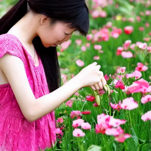 Prompt: A Chinese girl is picking flowers