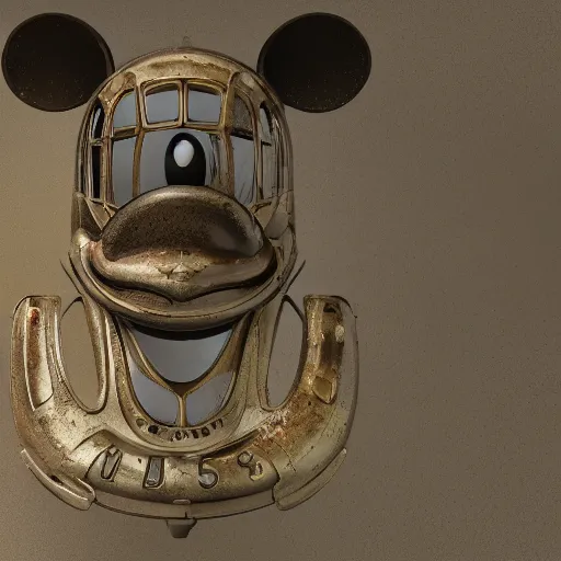 Prompt: 1 9 5 0 wartime mickey mouse head, automotive, fractal, leathery, wet, broken, melting, rococo, mycelium, baroque, sumerian, radiant alien, magic kingdom, octane render, high detail