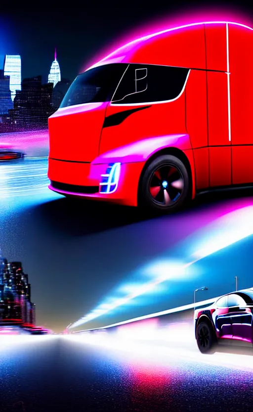 Image similar to ultra realistic and intricate detailed photograph of tesla cybertruck while racing on a neon race, new york city, movie shot, innovation, depth of field, ambient lighting, award winning, stunning