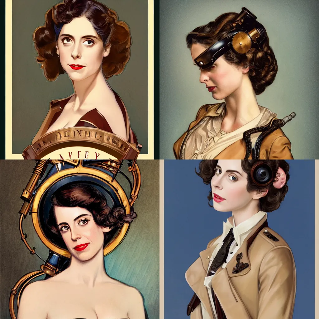 Prompt: in the style of J. C. Leyendecker, steampunk Alison Brie working on a machine, symmetrical face, symmetrical eyes, perfect face, sunrise beautiful day, diffuse lighting