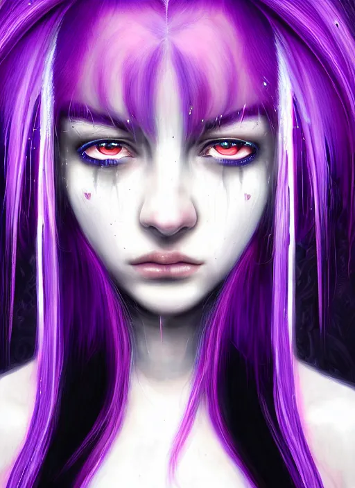 Image similar to hair whitebangs hair, black cyberlox, portrait of teenage girl with white bangs, whitebangsblackhair, messy bangs, cyberlox, whitebangs, red irises, purple clothes, intricate, elegant, glowing lights, highly detailed, digital painting, artstation, concept art, sharp focus, illustration, art by wlop, mars ravelo and greg rutkowski