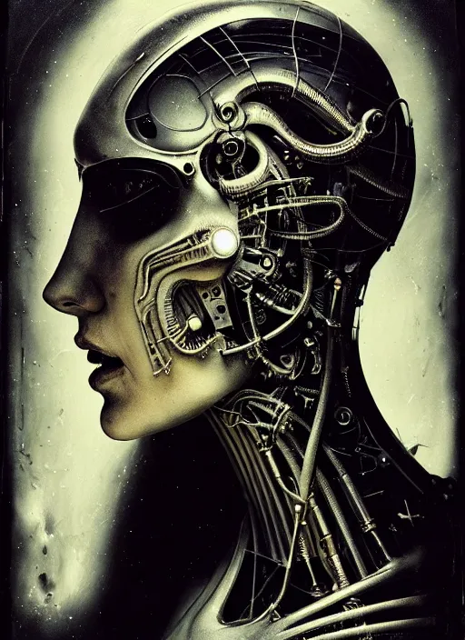 Image similar to a female cyborg profile face, by h. r. giger, by ismail inceoglu, by kiki smith, glamor shot, ambrotype, closeup, f / 2. 8, low contrast, 1 6 k, rim lighting, cinematic lighting, insanely detailed and intricate, hypermaximalist, elegant, ornate, hyper realistic, super detailed