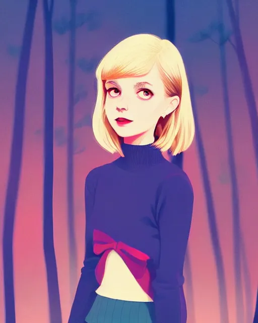 Image similar to digital illustration of pretty girl sabrina with short blonde hair wearing a sweater, from alice in wonderland, smoking, in a wonderland forest at night, by ilya kuvshinov, lois van baarle, rossdraws, basquiat