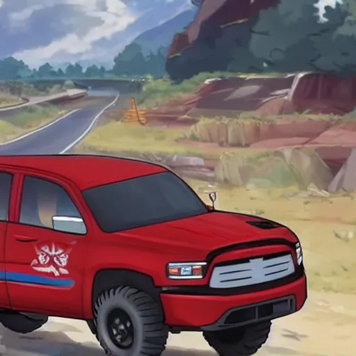 Image similar to zero two from darling in the franxx driving!!! a dodge ram truck