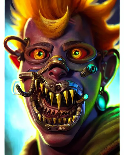 Prompt: junkrat from overwatch, fantasy, fantasy art, fantasy, colorful, elegant, character portrait, portrait, close up, highly detailed, intricate detail, amazing detail, sharp focus, vintage fantasy art, vintage sci - fi art, radiant light, caustics, by boris vallejo