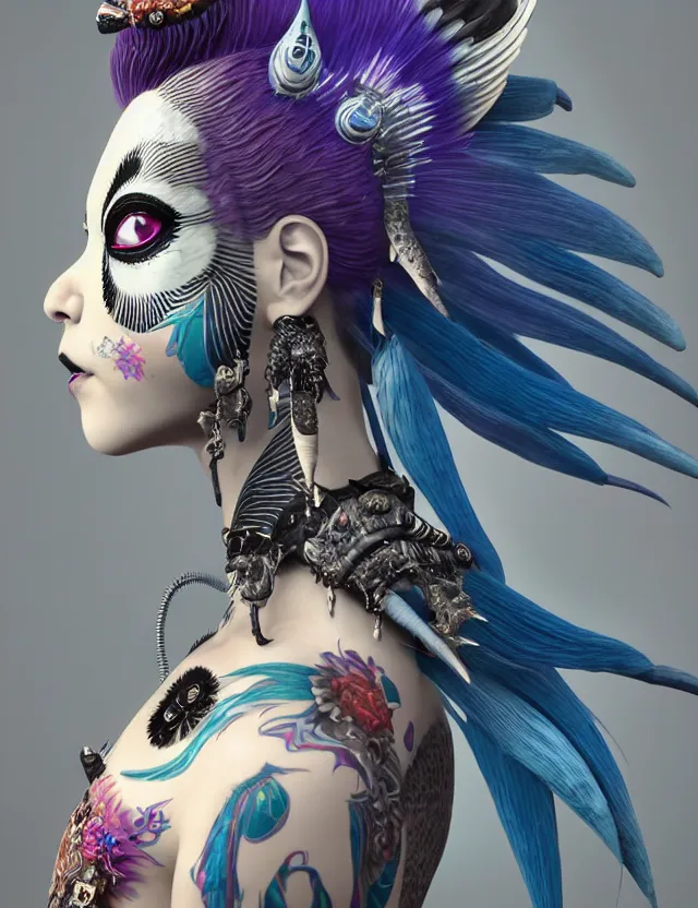 Image similar to 3 d goddess close - up profile portrait punk with mohawk with ram skull. beautiful intricately detailed japanese crow kitsune mask and clasical japanese kimono. betta fish, jellyfish phoenix, bio luminescent, plasma, ice, water, wind, creature, artwork by tooth wu and wlop and beeple and greg rutkowski