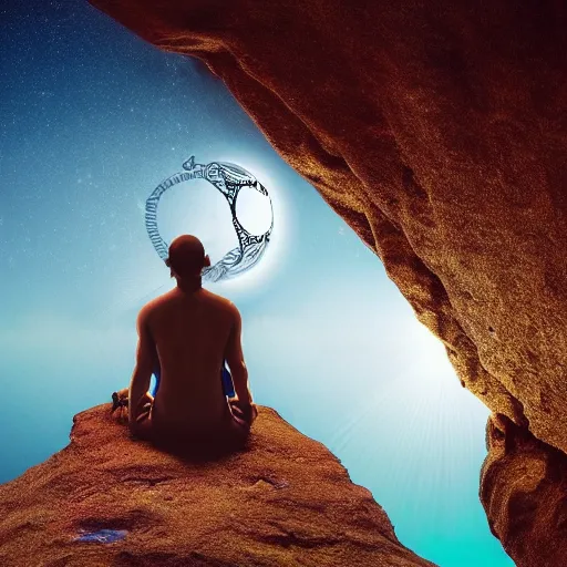 Image similar to The shaman meditating on a cliff at the age of space an time freeing his mind anamorphic supraliminal optical illusion 4k