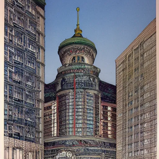 Image similar to Palast der Republik in Berlin, highly detailed architectural drawing by Francois Schuiten